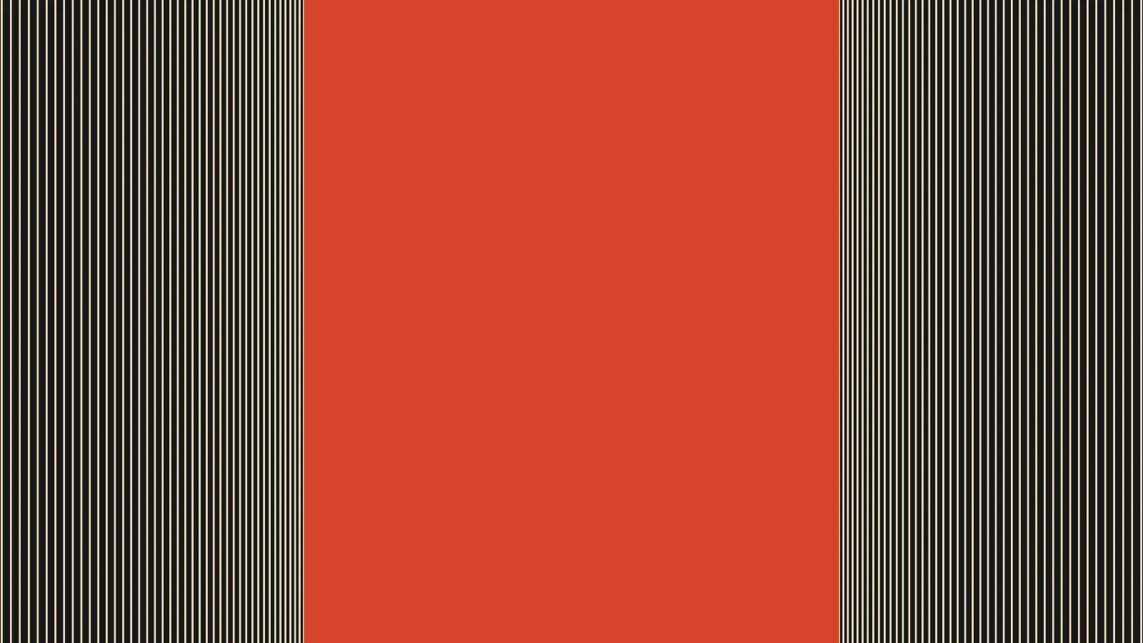 A red opening between two walls of fine cream lines on ink