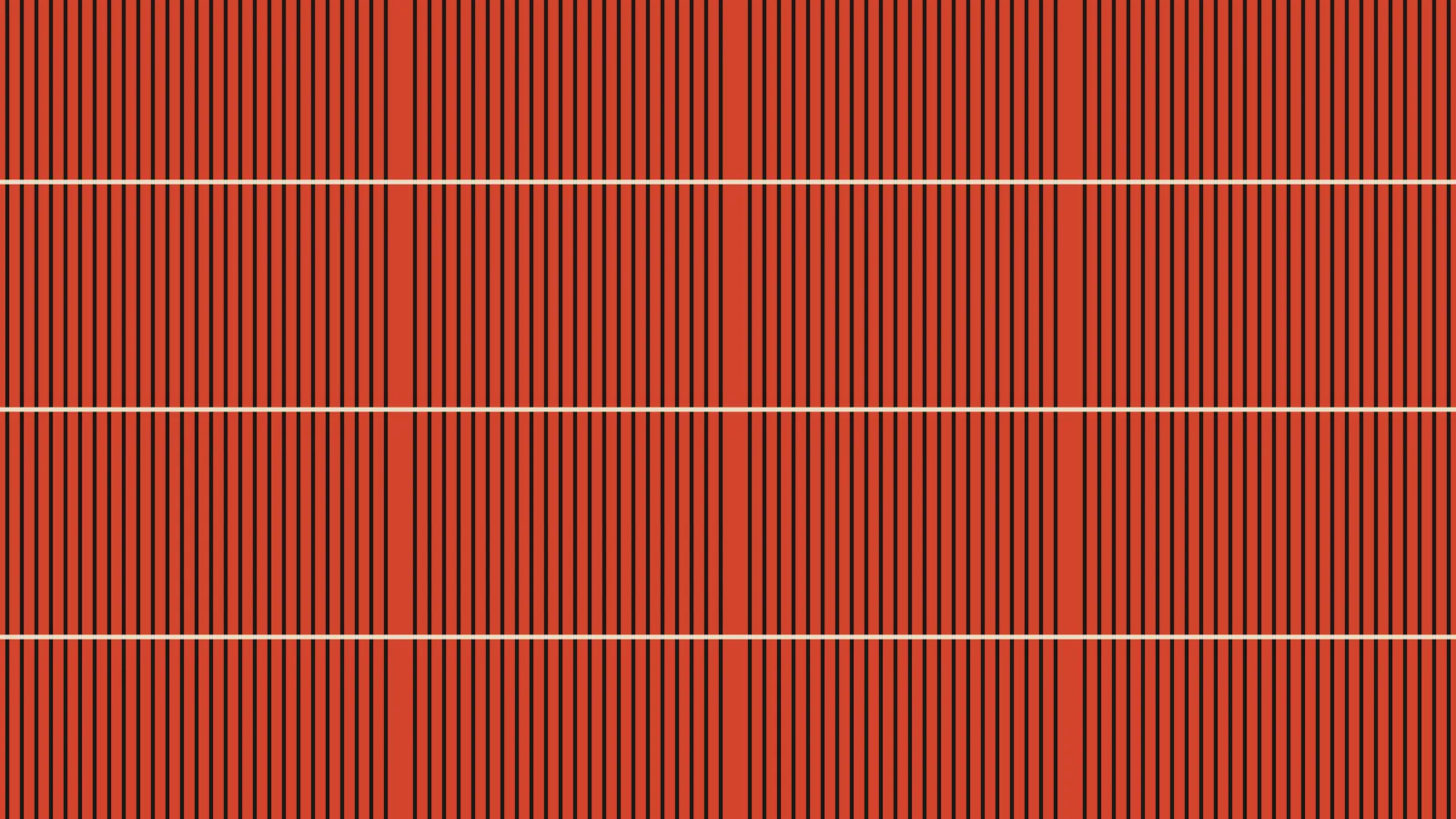 Rows of black bars on red, split by three thin cream rules