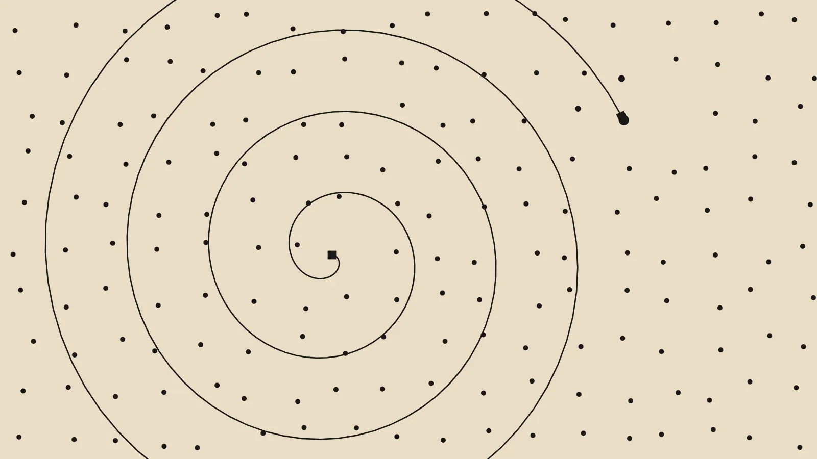 A single spiral line winding out to one small square among scattered dots