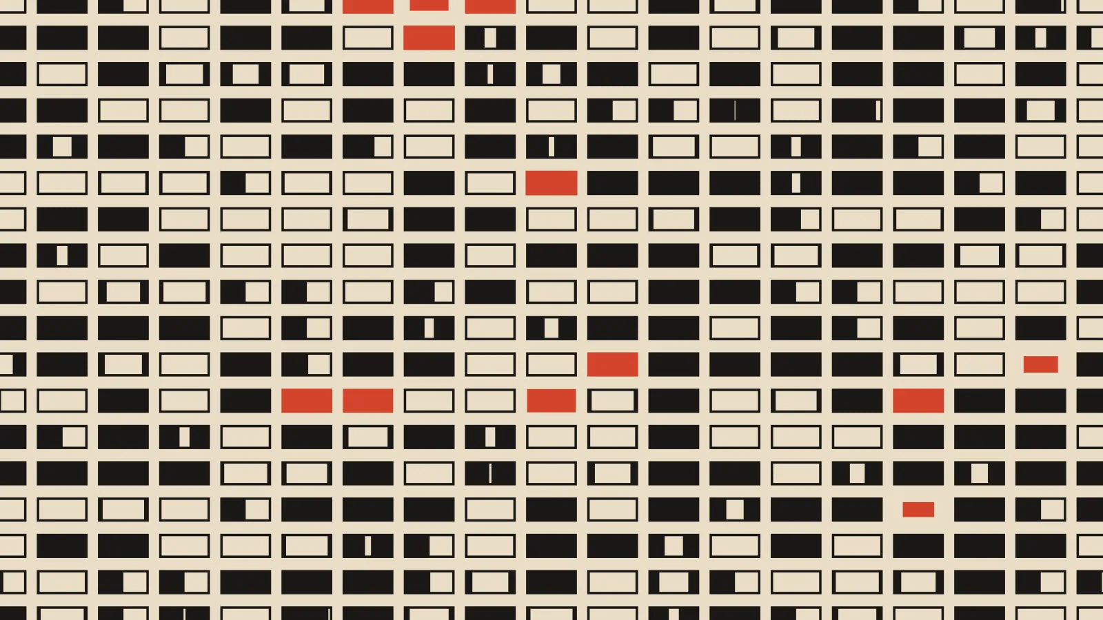 A grid of ink and outlined bars with a few red ones standing out