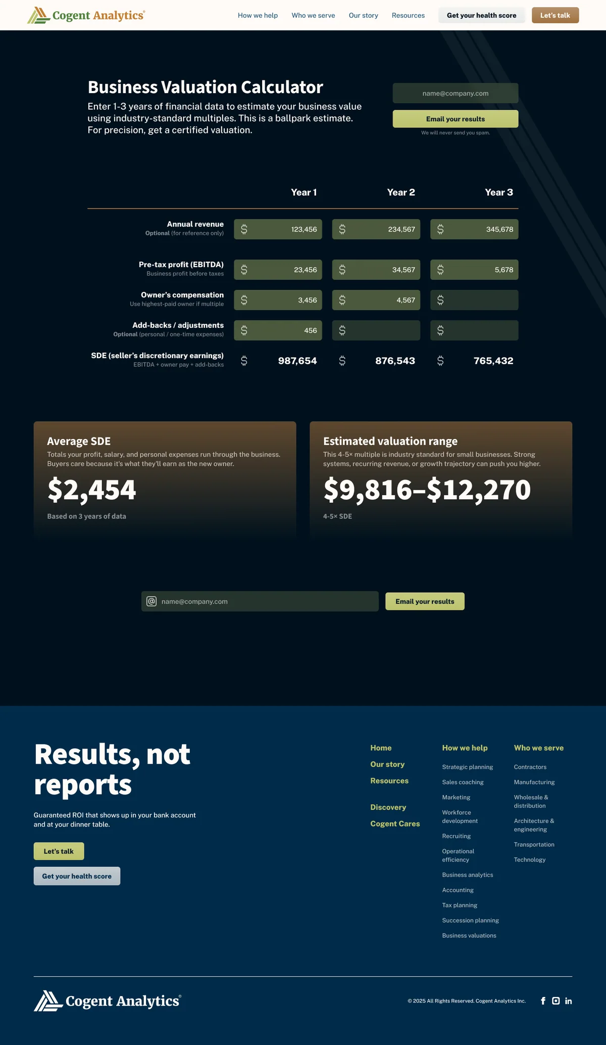 Valuation tool, result screen