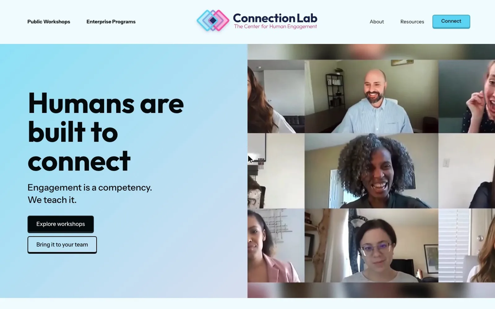 Connection Lab homepage hero, captured at launch