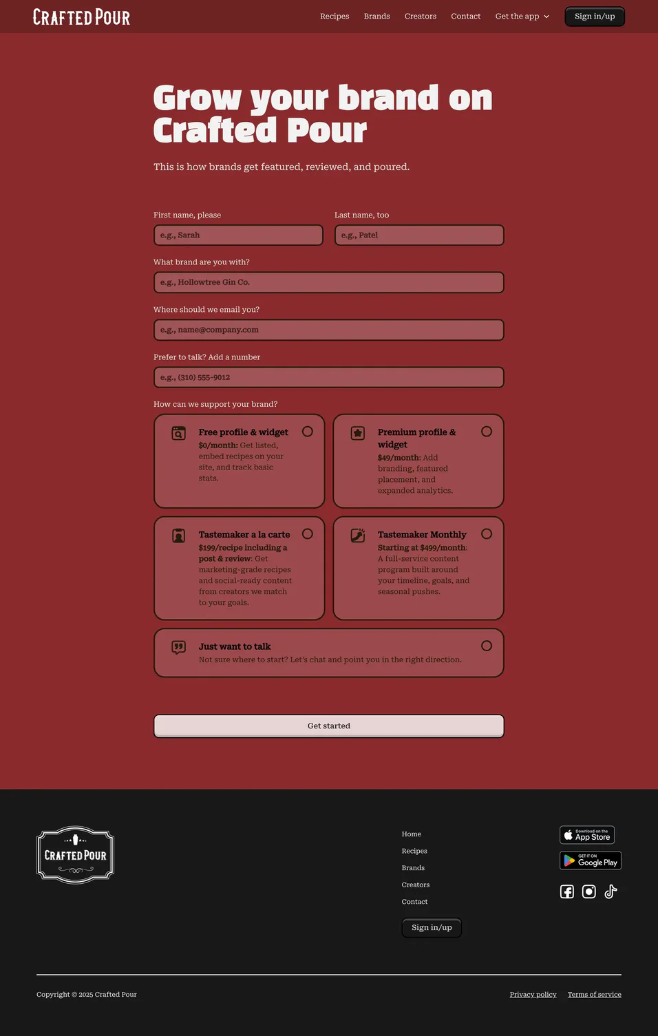 Brand interest form, full page