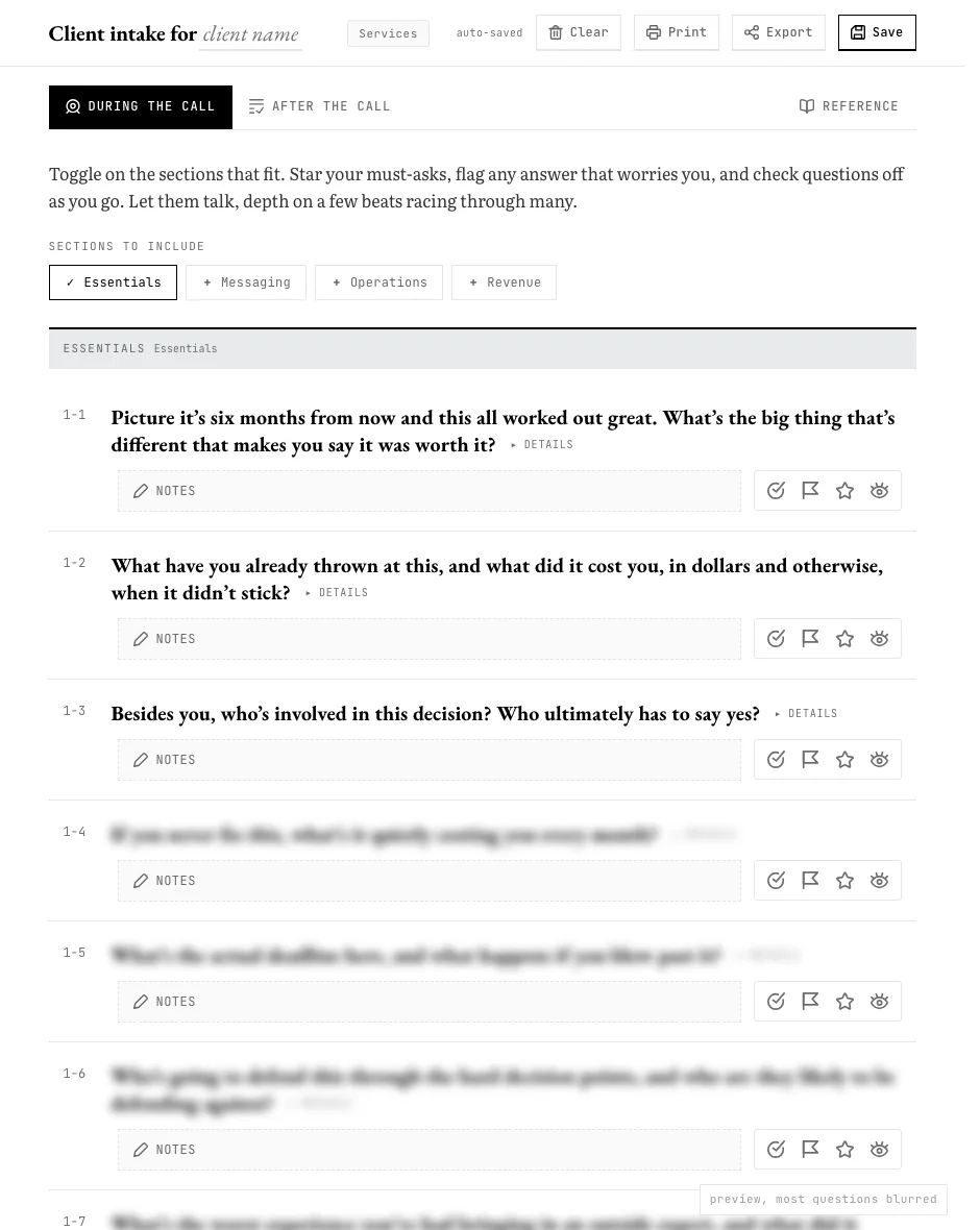 The live call sheet, a few questions shown sharp and the rest blurred for preview