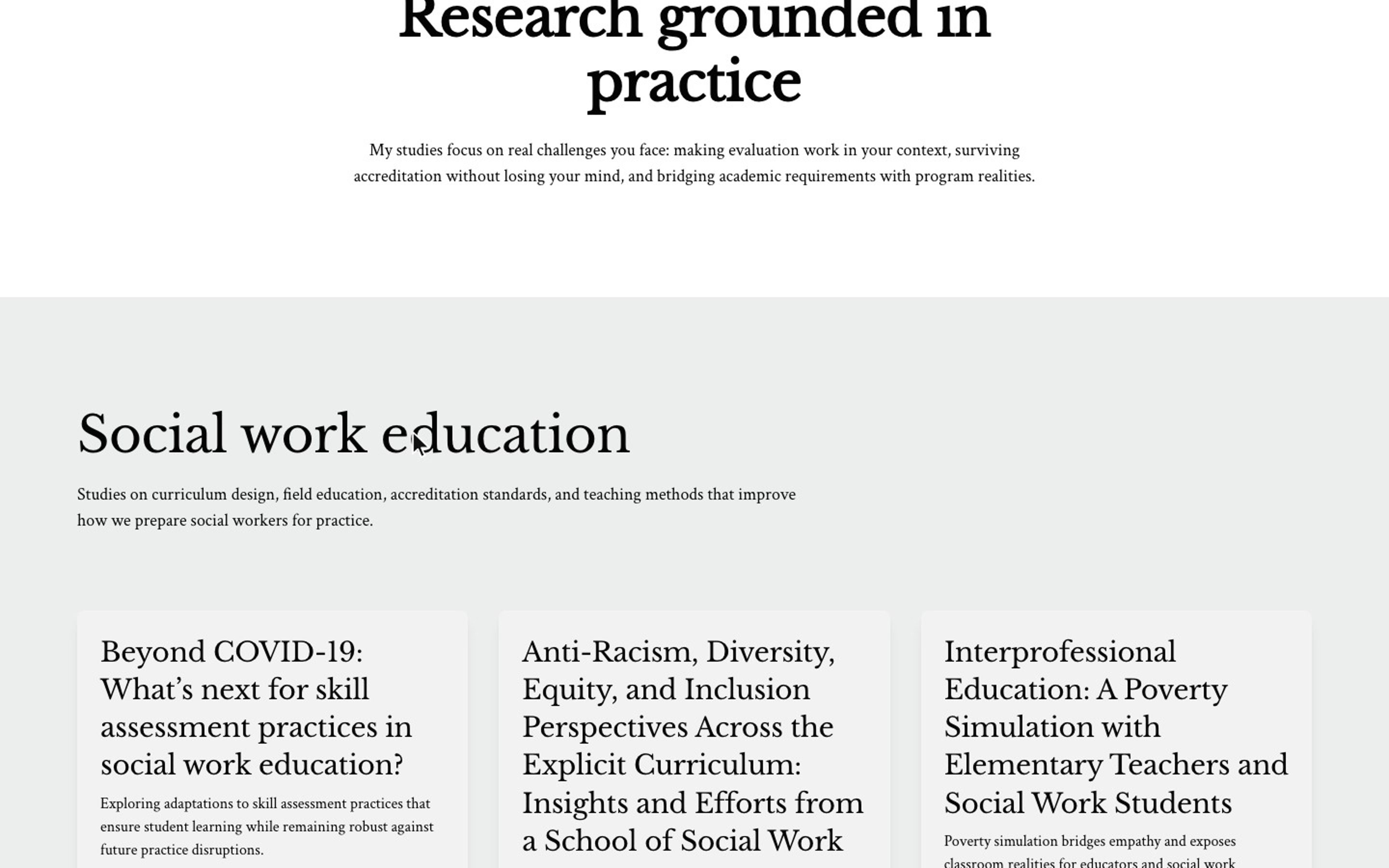 Grid of published research papers on the Research page