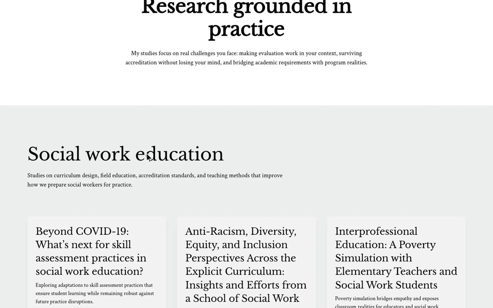 Grid of published research papers on the Research page
